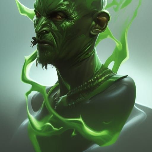 Evil Green Supervillain Portrait in Detailed Splash Art