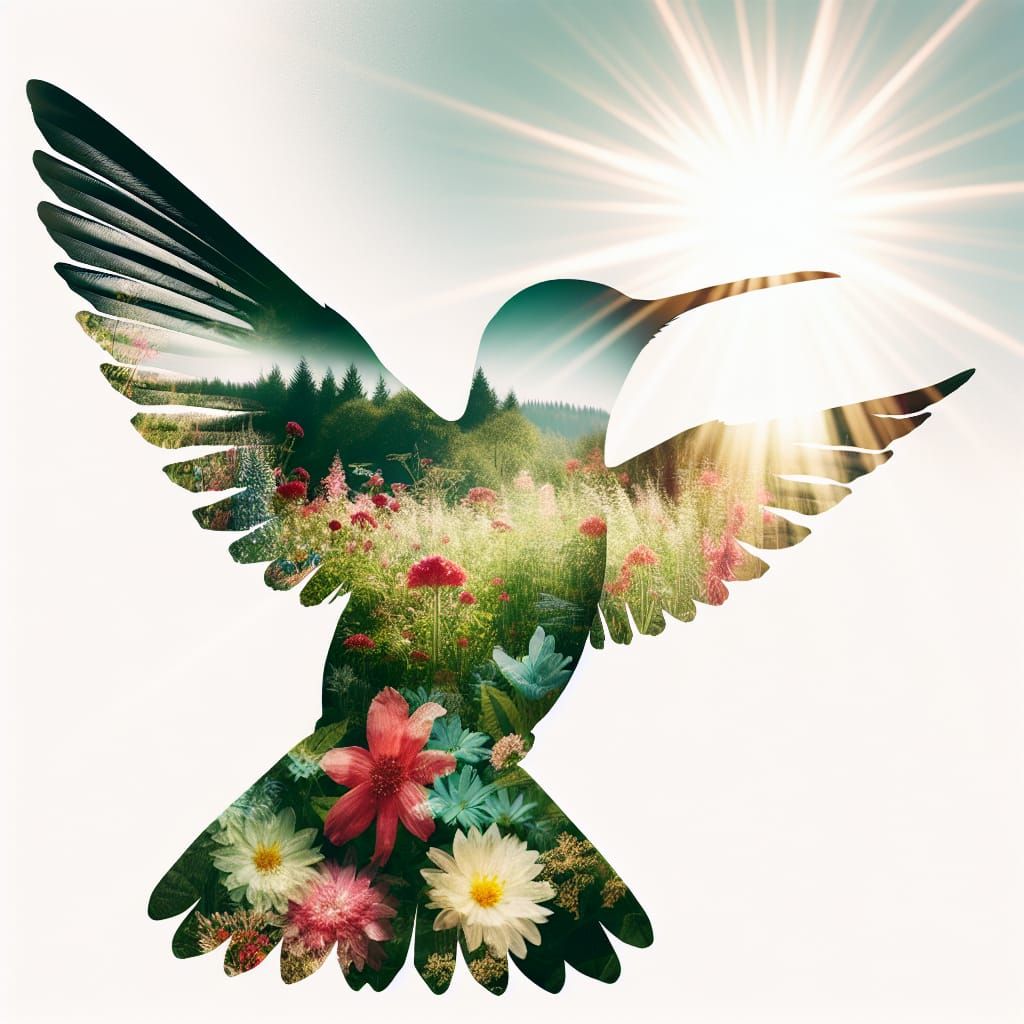 A stunning double exposure composition featuring a silhouette of a hummingbird with its wings spread seamlessly blended ...