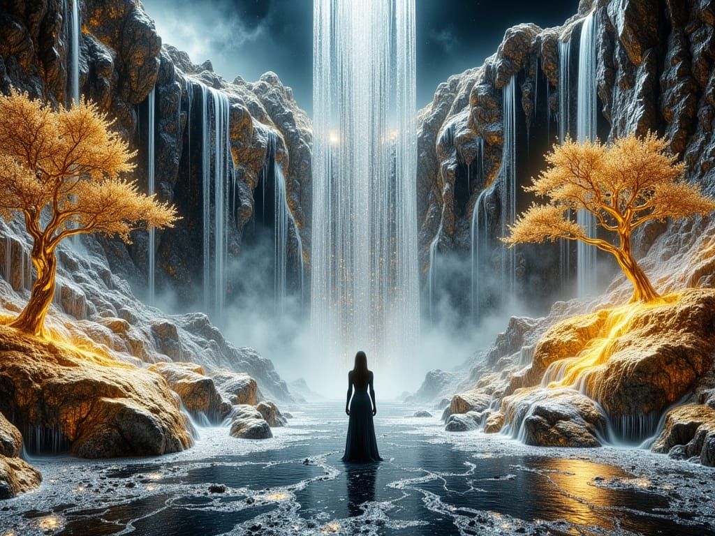 Surreal Futuristic Landscape with Chrome and Gold Accents