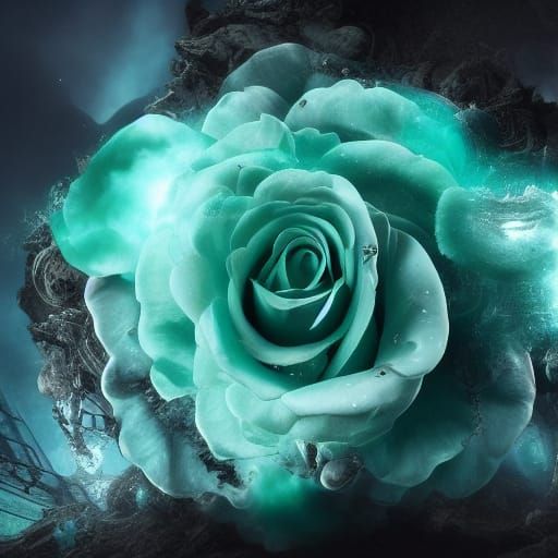 Glowing Emerald Skull Rose in Detailed Digital Painting