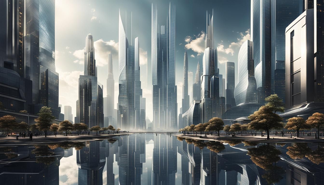 Symmetrical Futuristic Cityscape Reflecting Light