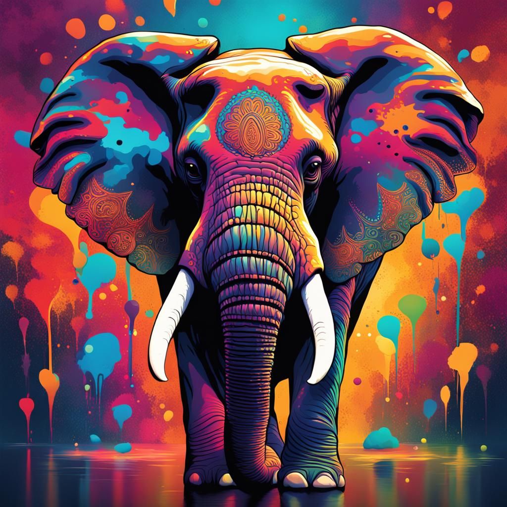 Psychedelic Elephants in Hyperrealistic Splash Art