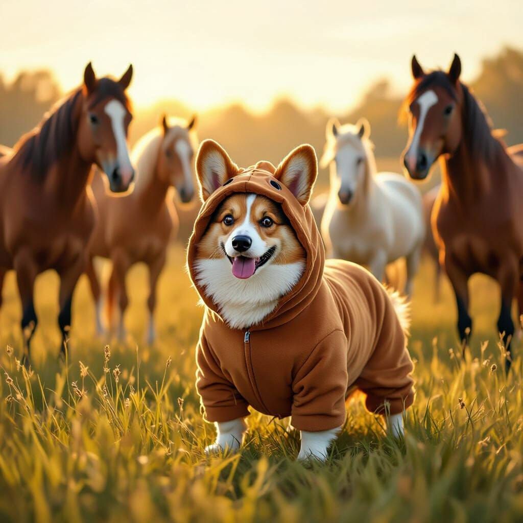 Corgi Impostor Dog in Horse Costume Among Horses