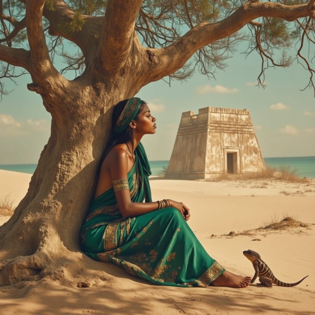 Ancient Egypt Girl Under Baobab Tree
