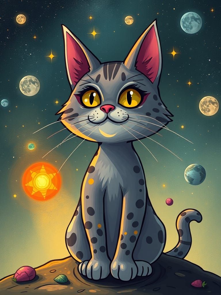 Whimsical Cosmic Feline in Vibrant Cartoon Style