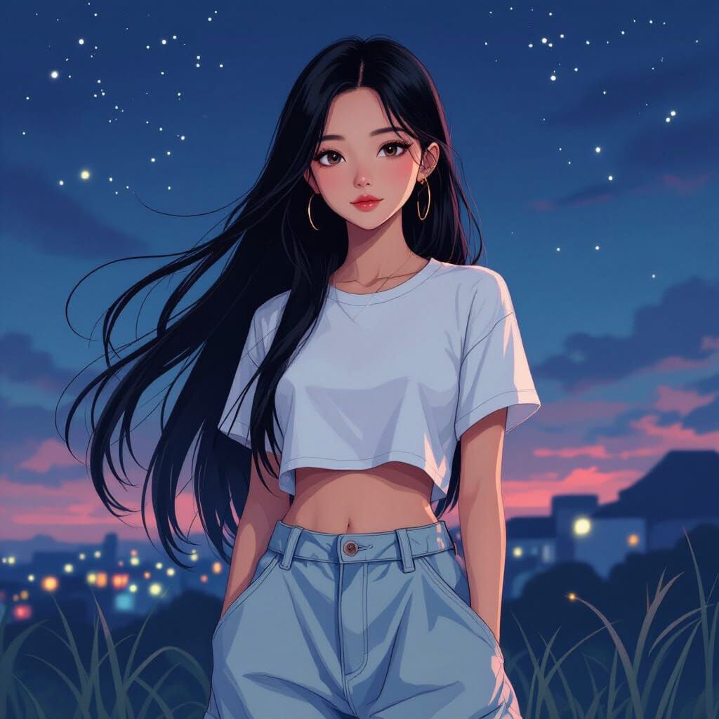 Asian Teenager in Ethereal Night Wind, Digital Art