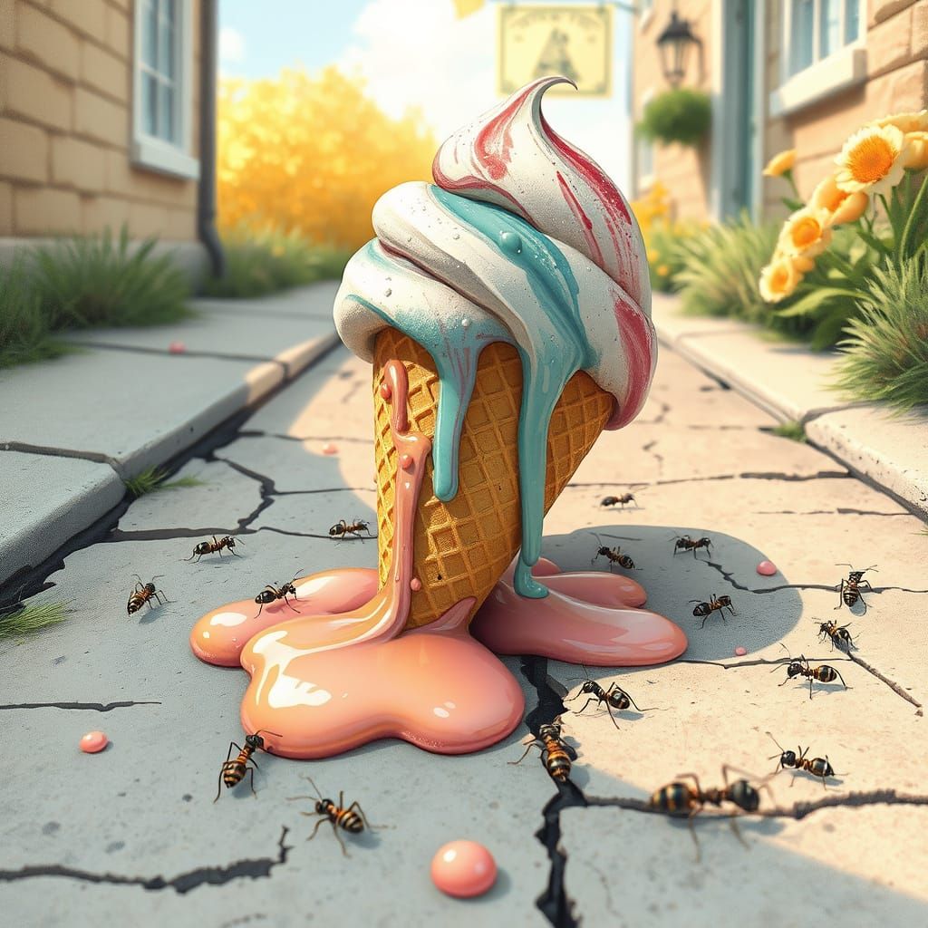 Melting Ice Cream Cone on Sunny Sidewalk