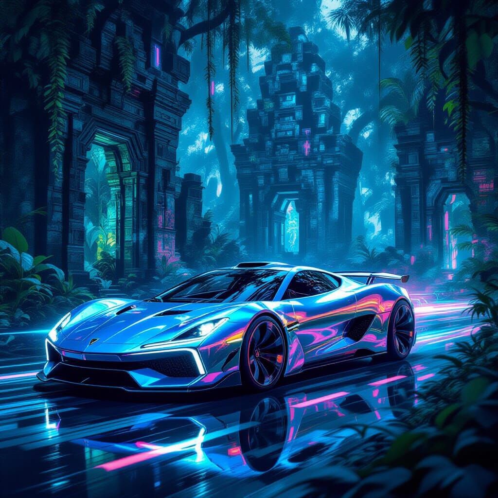 Futuristic Chrome Car in Bioluminescent Jungle