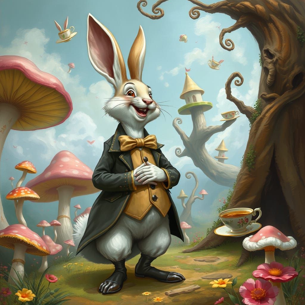 White Rabbit Laughing in a Surreal Wonderland