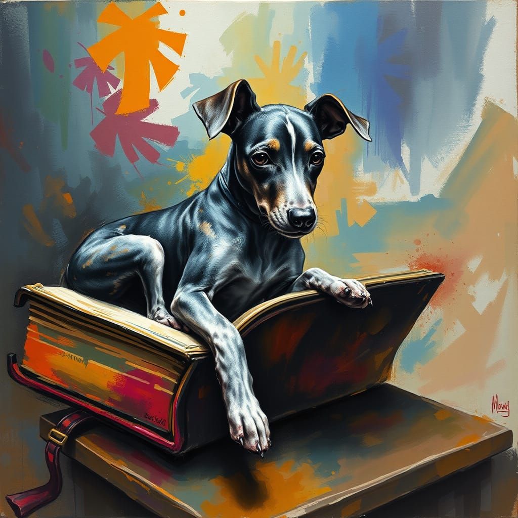 Whippet Dog Reading Book: Gouache Style Painting