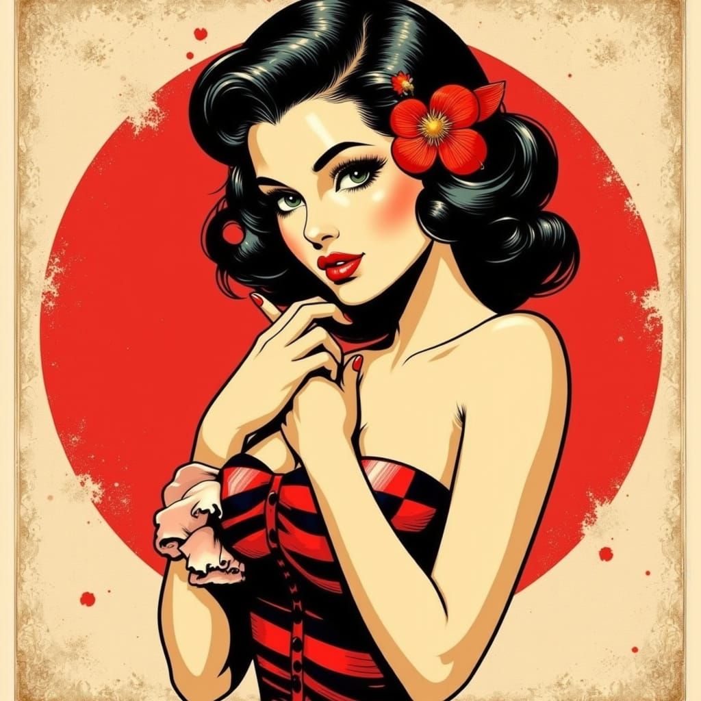 Vintage Pin-Up Girl in American Tattoo Style