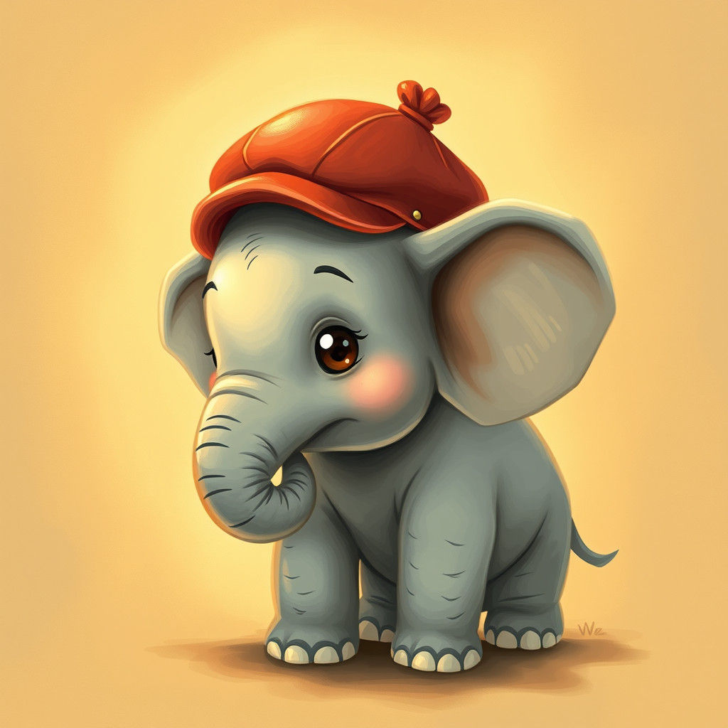 Adorable Elephant Cub in Red Cap, Impressionist Style