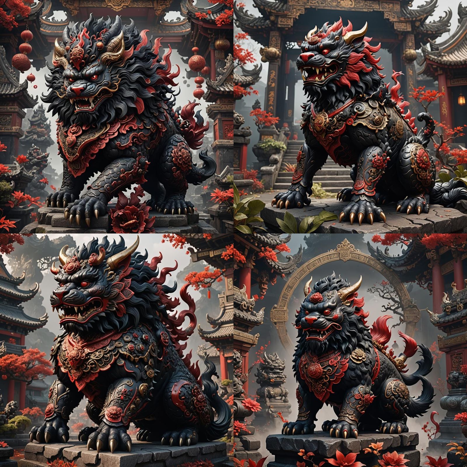 Detailed Black and Red Foo Dog Concept Art