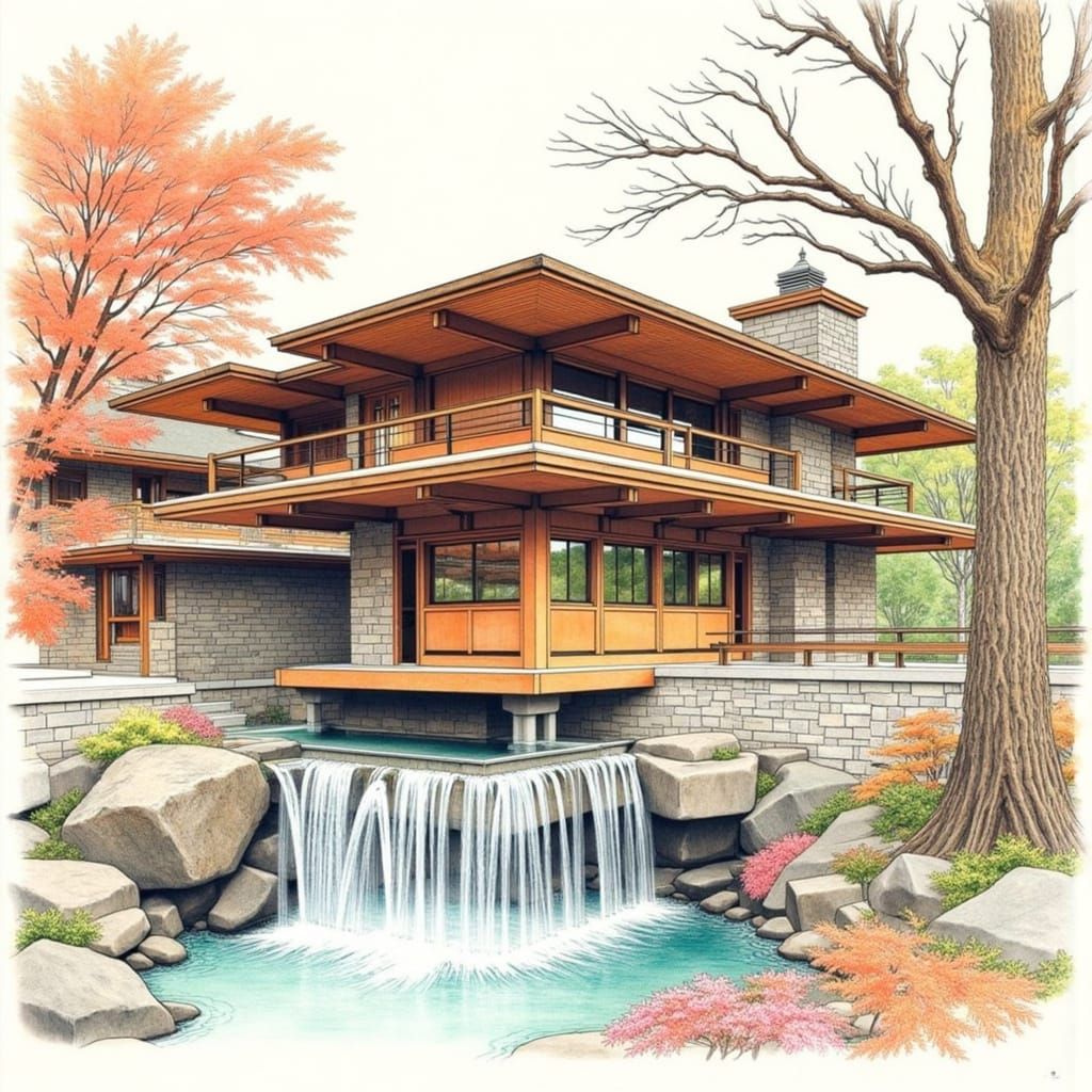 Surreal Japanese Landscape with Fallingwater House
