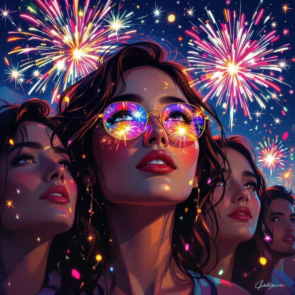 Faces Lit by Fireworks and Blinking Lights