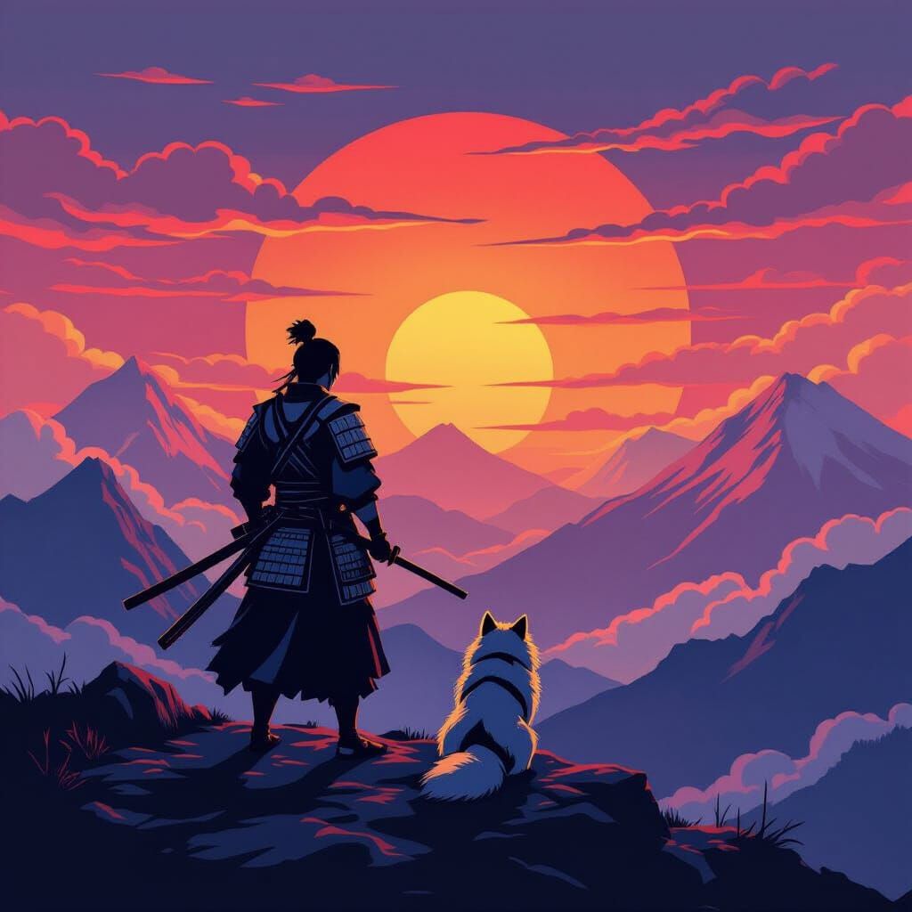 Samurai Warrior and Dog at Sunset, Ukiyo-e Style