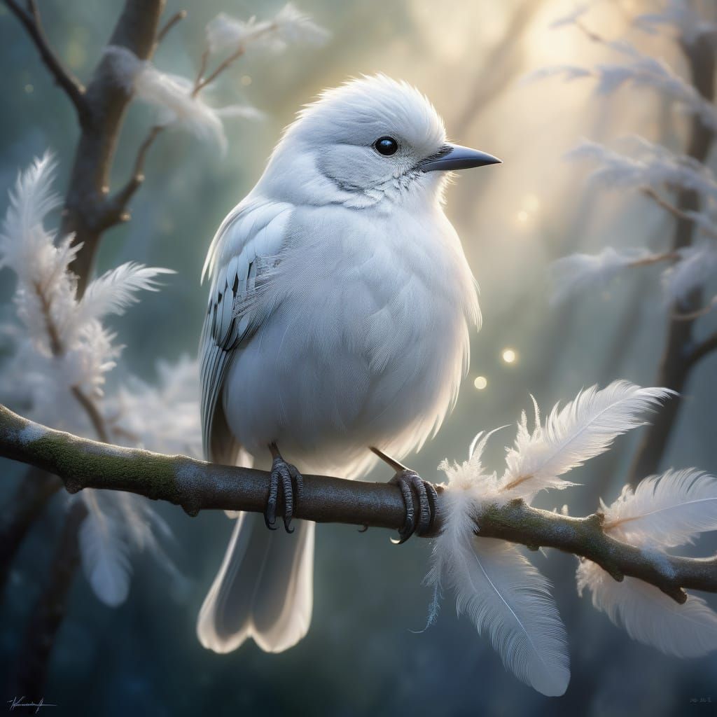 Ethereal White Bird Perched on a Branch in Whimsical Fantasy...