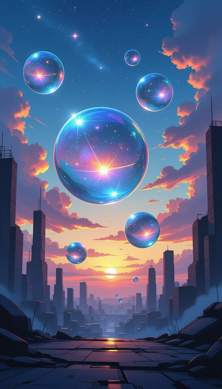 Futuristic Iridescent Spheres in Dystopian Landscape