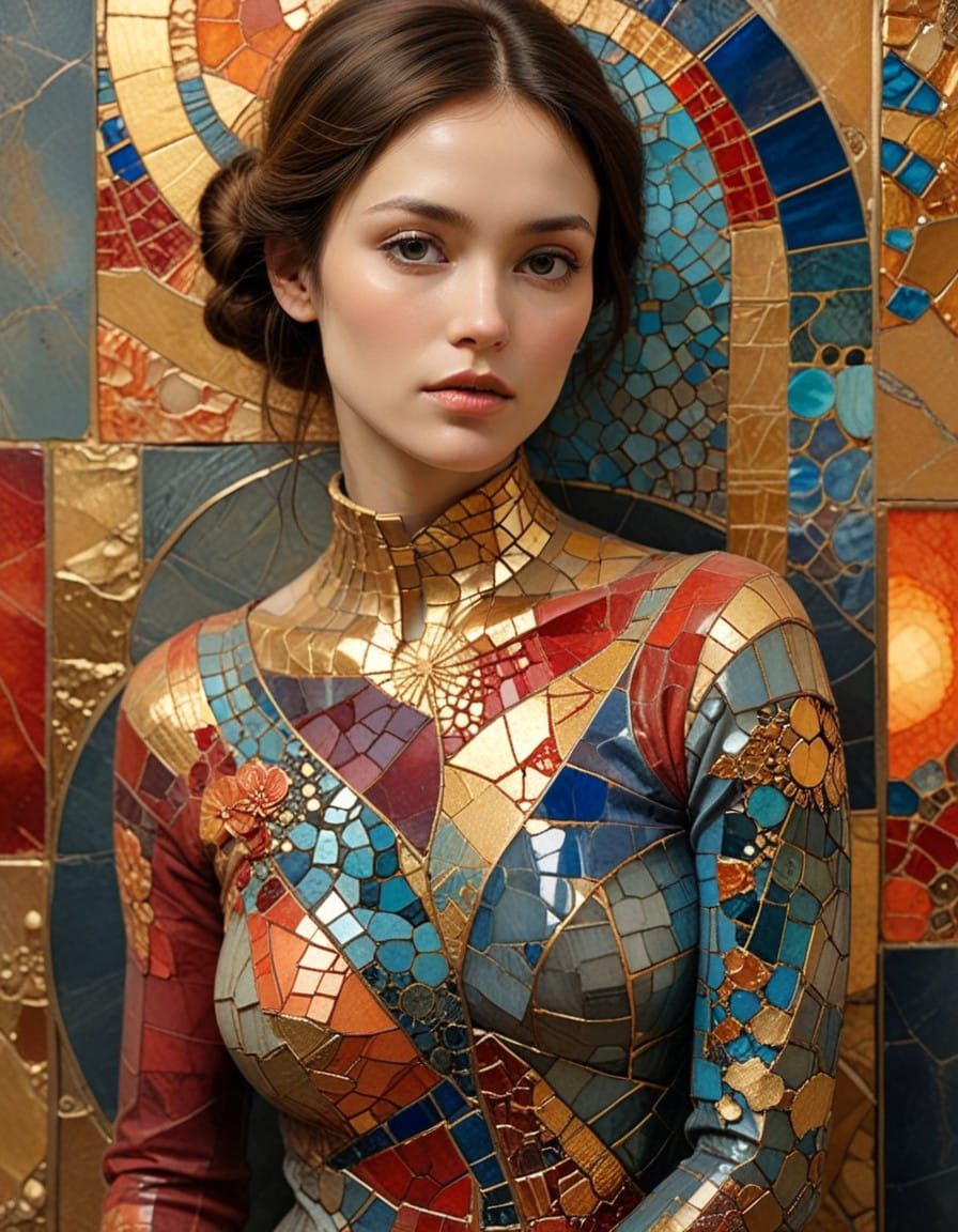 Vibrant Ocean Sunset in Kintsugi Mosaic Style with Thick Tex...