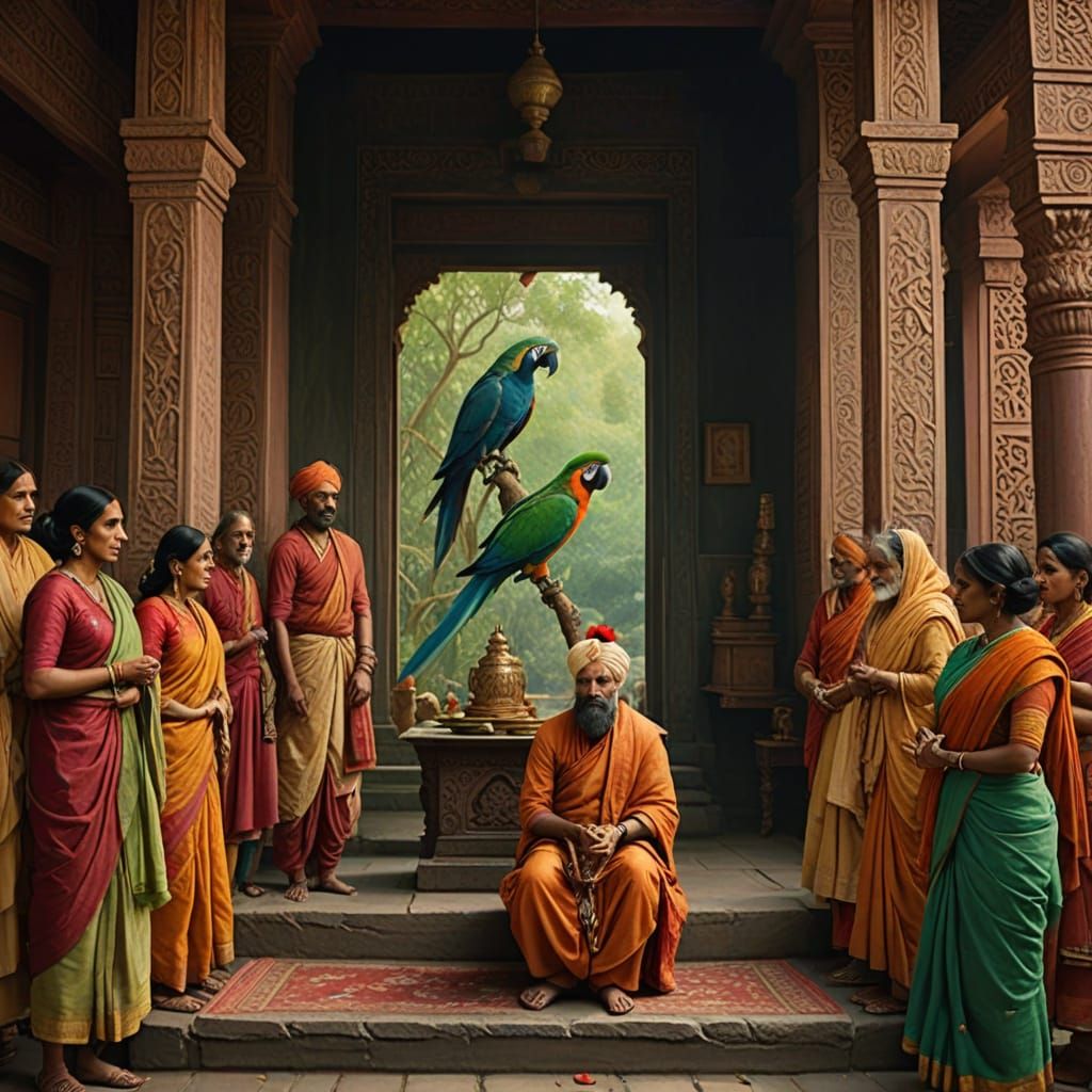 Parrot in Serene Indian Temple, Radiant with Devotion