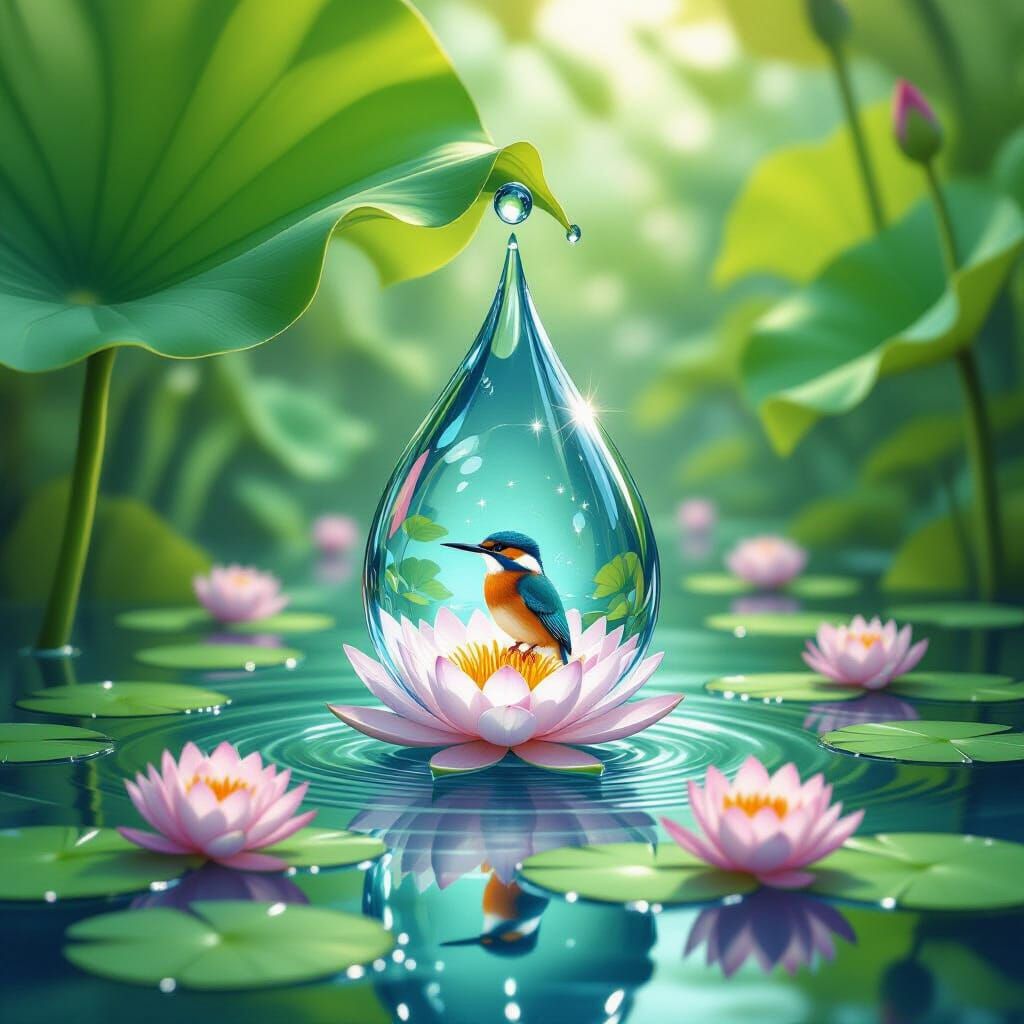 Kingfisher in Water Drop with Lotus Flowers