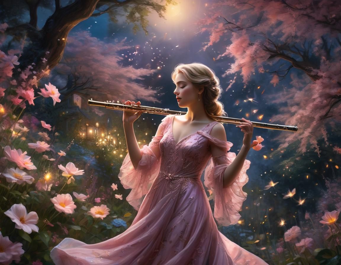 Woman Plays Flute in Moonlit Garden: Romantic Oil Painting