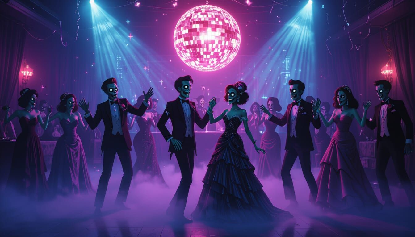 Undead Prom Night: Eerie Neon Lights & Dancing Teens