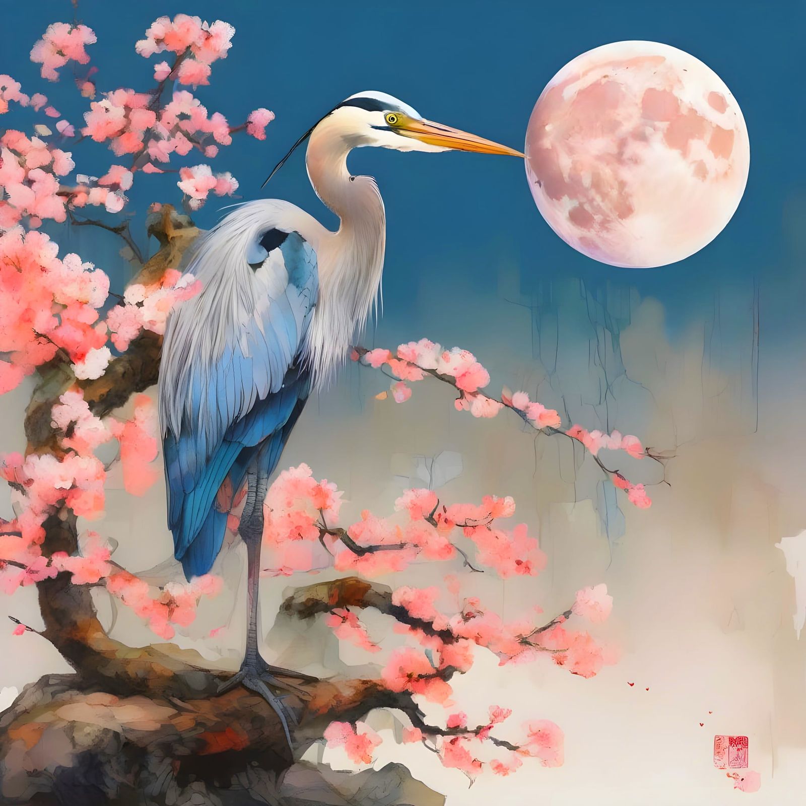 Ethereal Great Blue Heron in Foggy Pond under Cosmic Blood O...