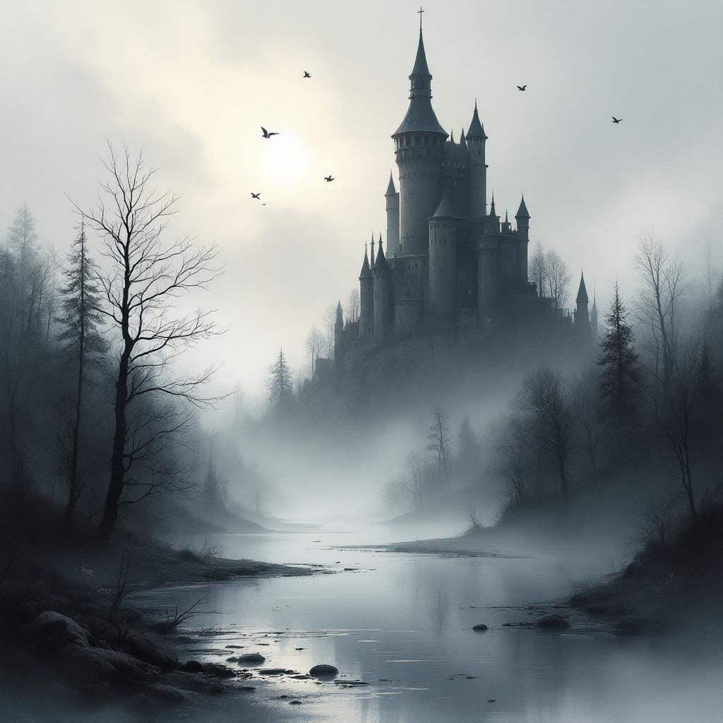 Misty Castle Tower in Impressionist Fantasy Style