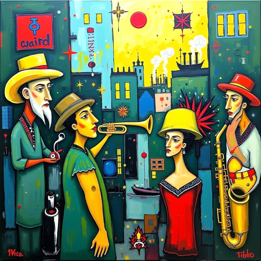 Vibrant Neo-Impressionist Depiction of New Orleans Jazz Scen...