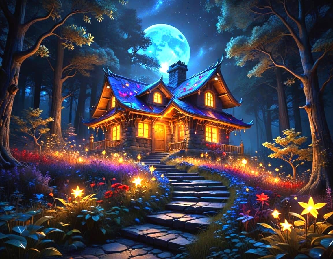 Enchanted Cottage Under Moonlight, Abstract Fractal Art