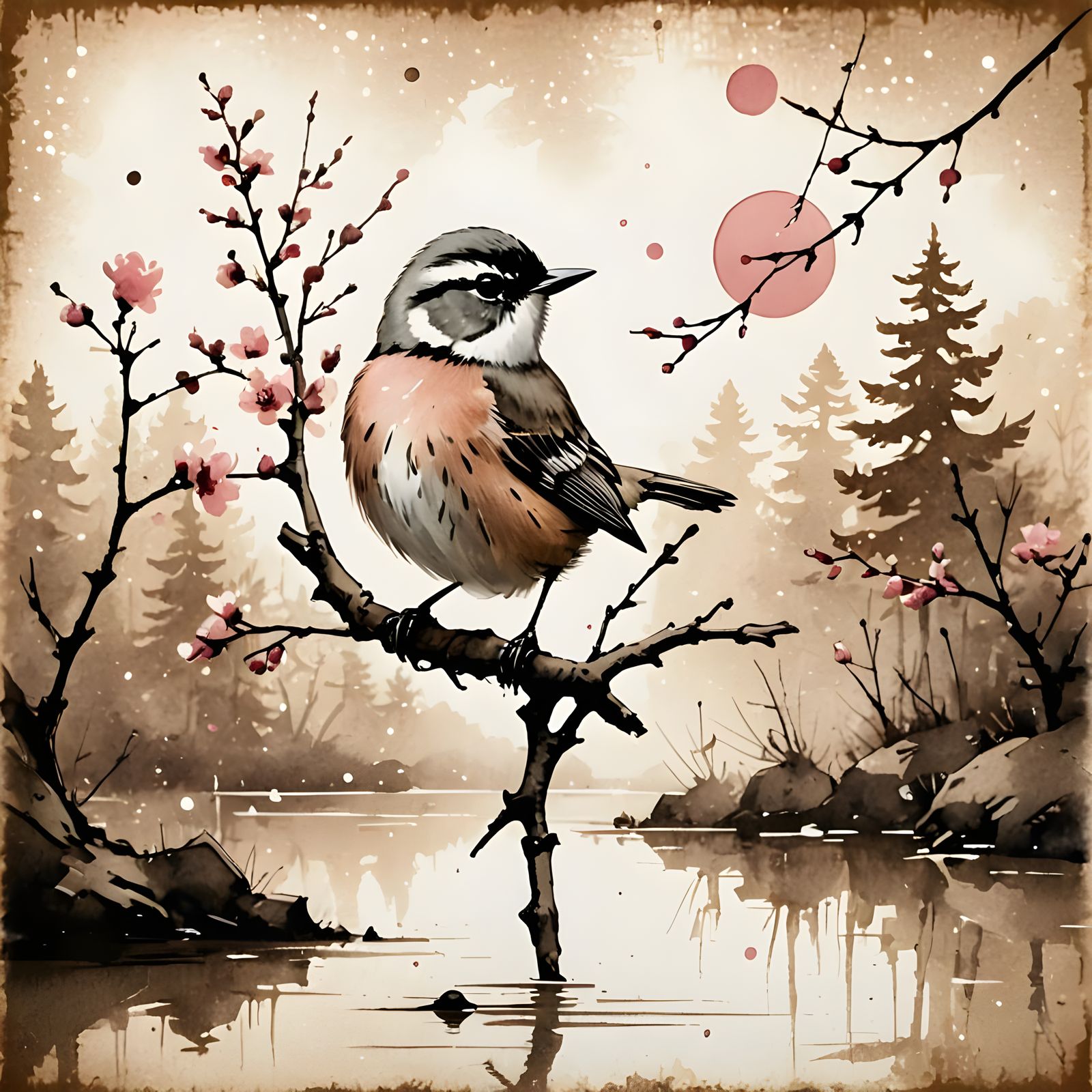 Bird on Branch in Sumi-e Pop Art Style