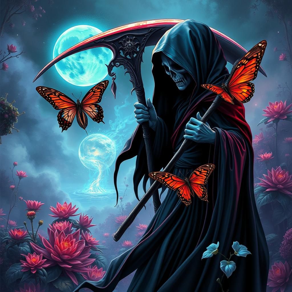 Dark Fantasy Grim Reaper in Neon Garden Illustration
