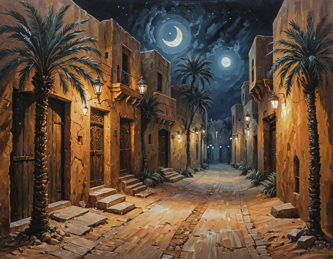 Picturesque Arabian Village Alley at Night as Acrylic Painti...