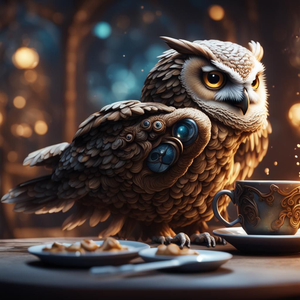 Owl Sipping Coffee: Detailed Fantasy Art