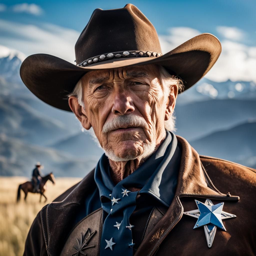 Old Cowboy on Horseback in Mountain Landscape