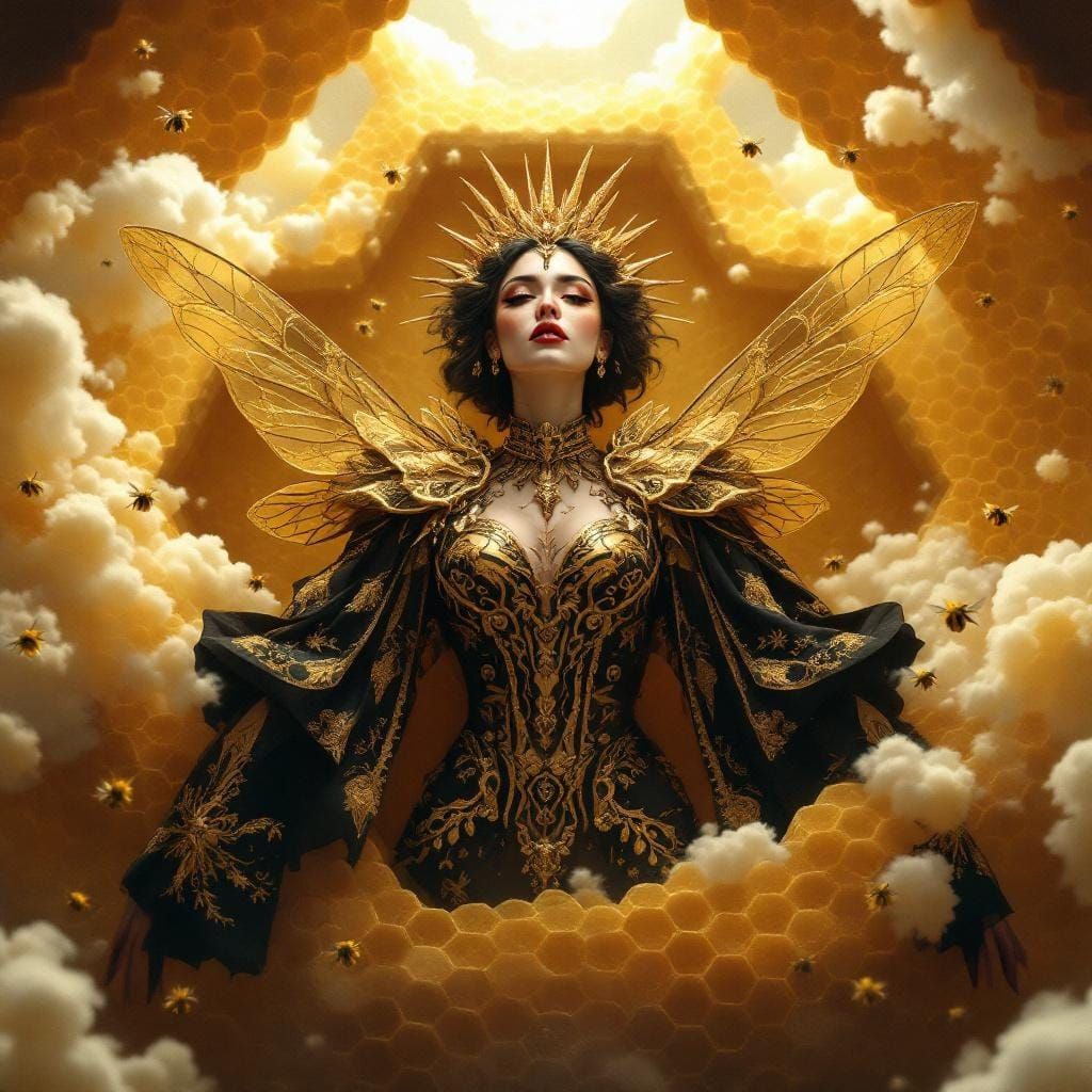 Ethereal Woman with Bee Wings on Honeycomb Structure
