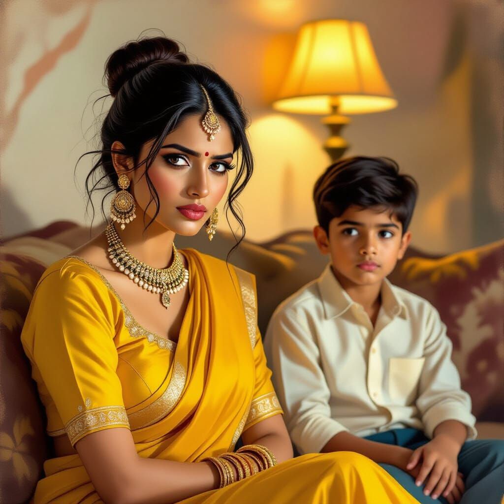 Attractive Indian Woman in Yellow Outfit, Pre-Raphaelite Sty...