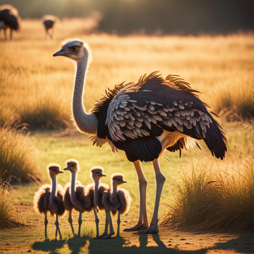 Ostrich Mother Shading Chicks in African Folk Art