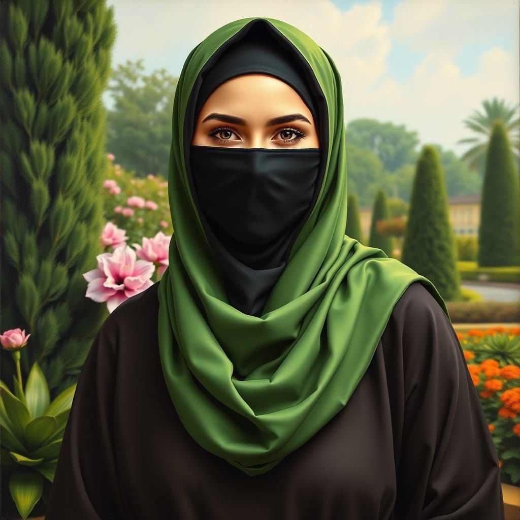 Hijabi Woman in Garden Oil Painting