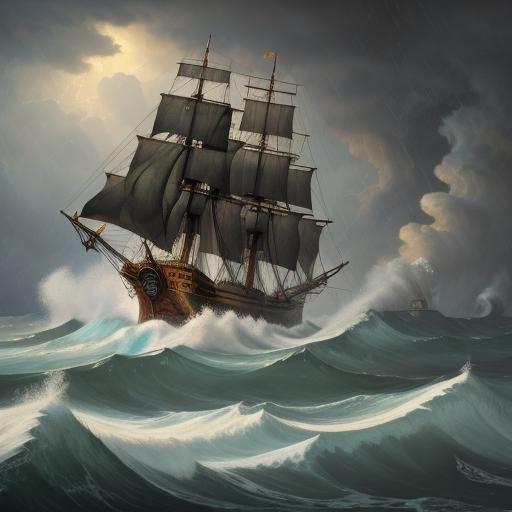 Pirate Ship in Stormy Seas, Romanticism Style