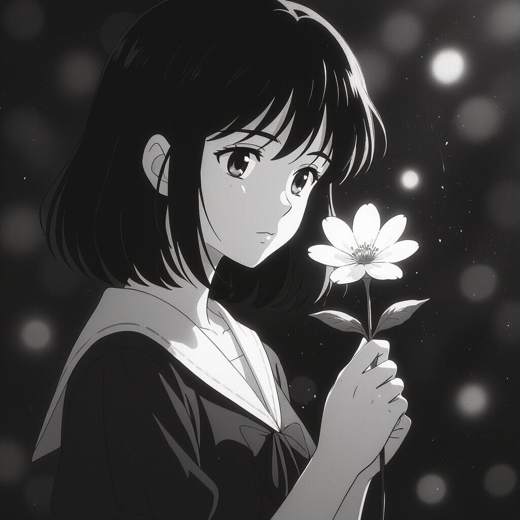 Anime Girl Holding Flower in Moody Black and White
