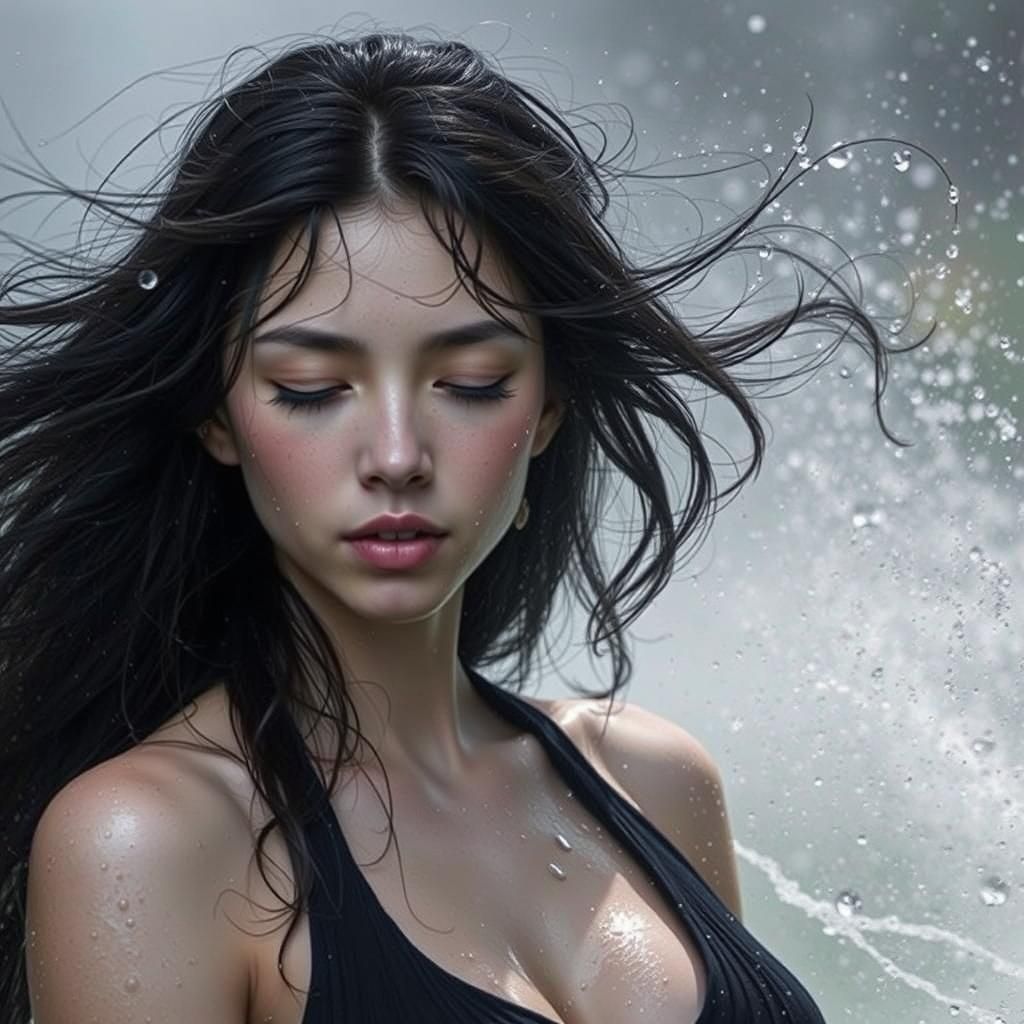 Young Woman Shakes Her Hair, Water Droplets Fly