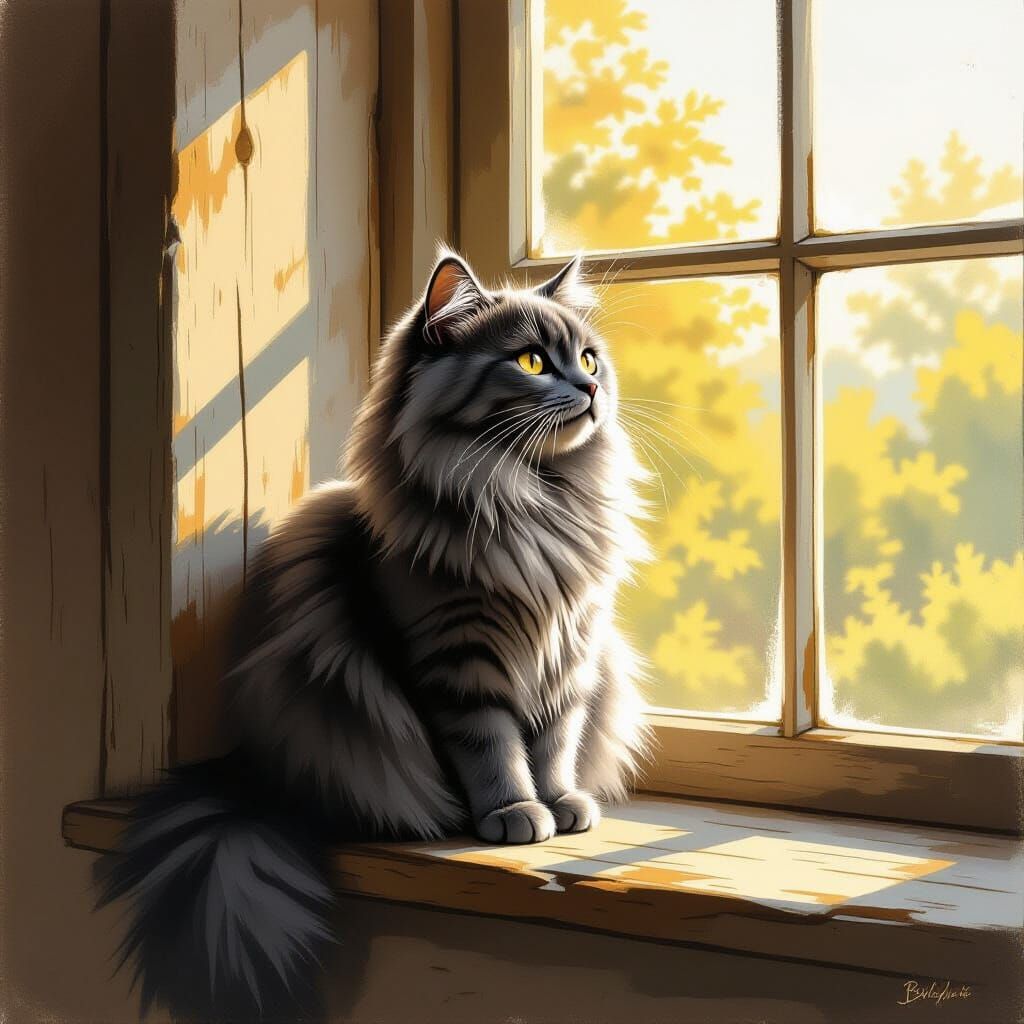 Grey Cat Sunbathing on Windowsill in Whimsical Style
