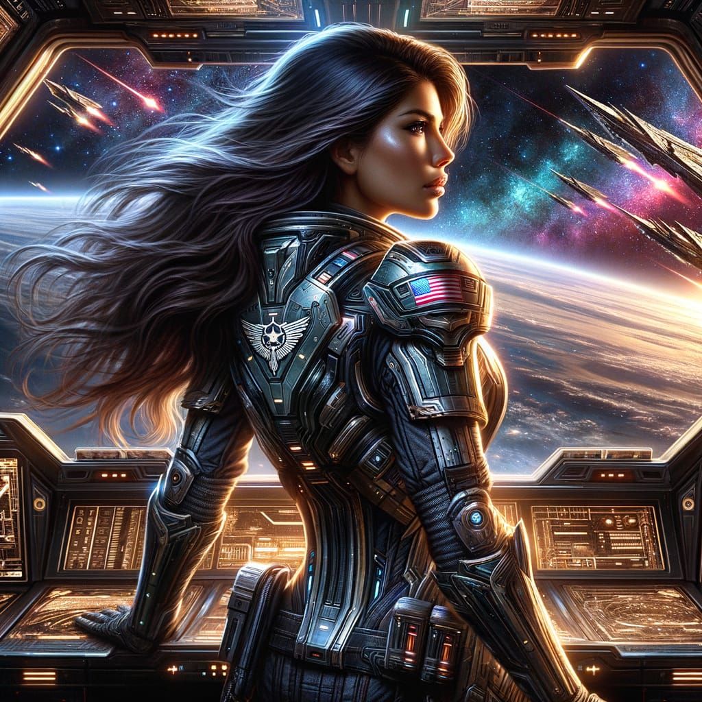 Hispanic Female Commander Galaxy in Futuristic Armor