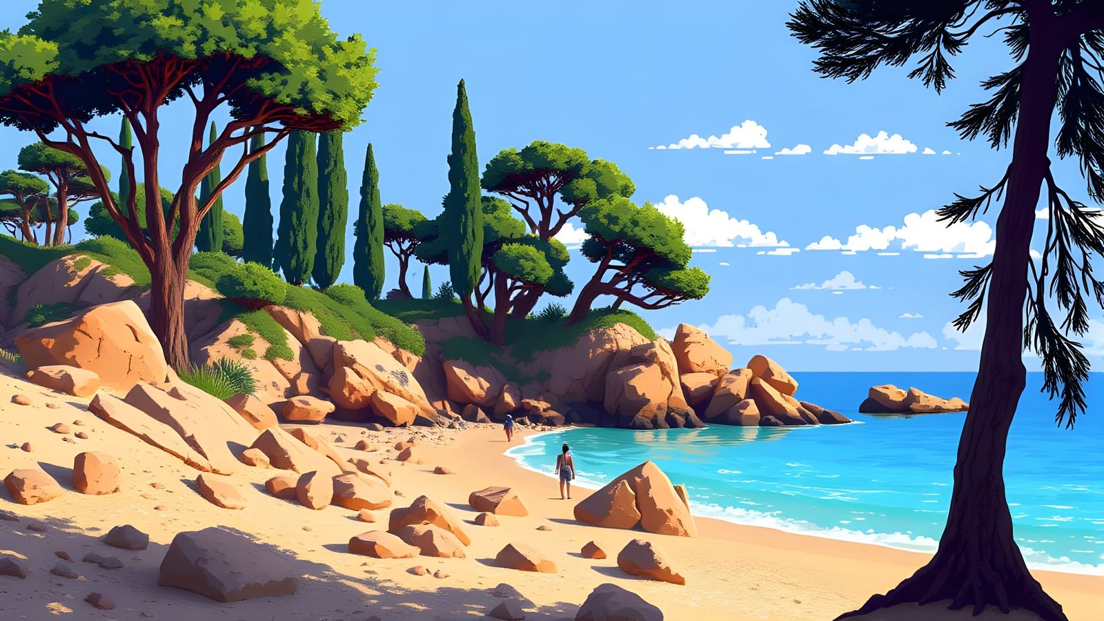 Pixelated Mediterranean Landscape with Cypress Trees and Roc...