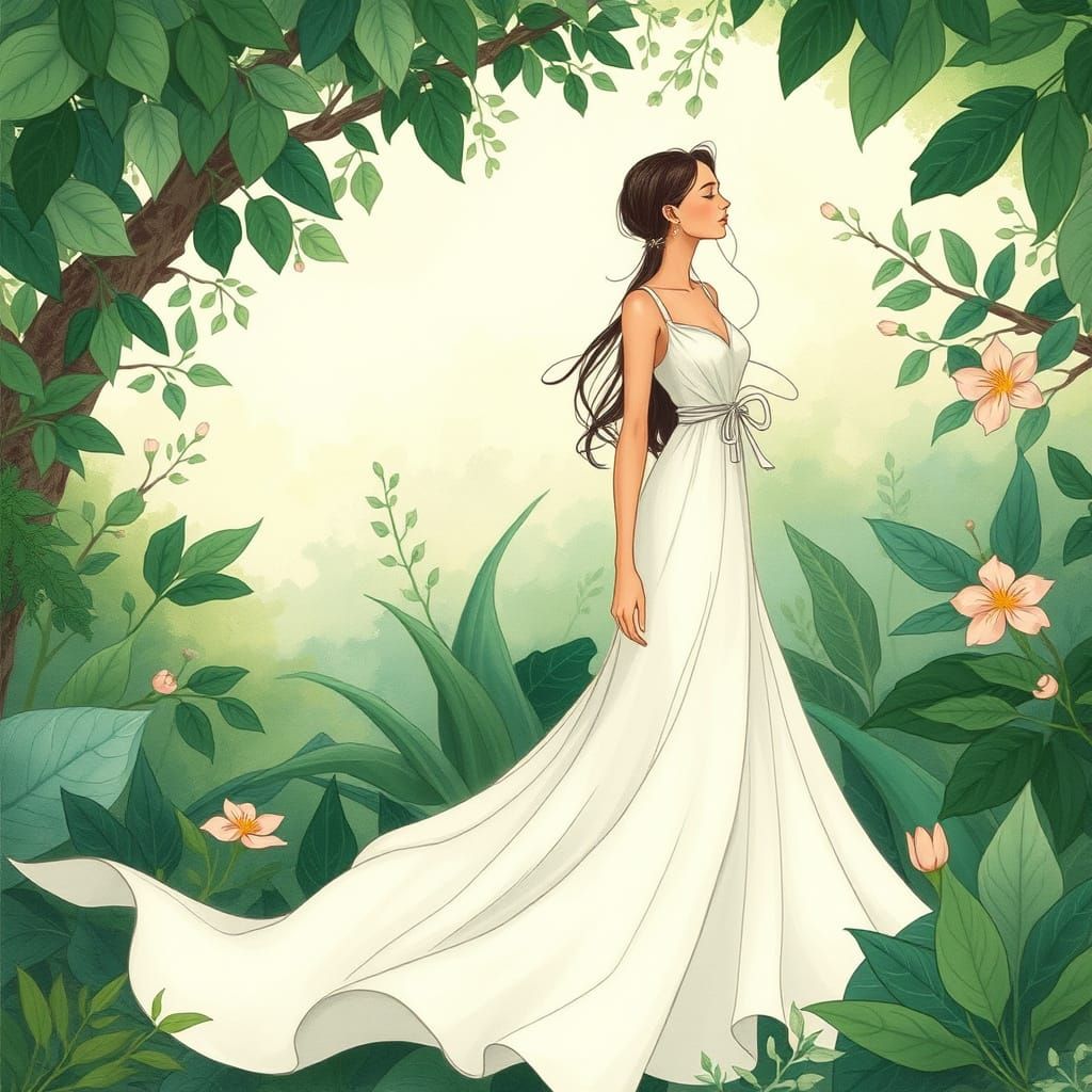 Woman in White Dress Surrounded by Greenery