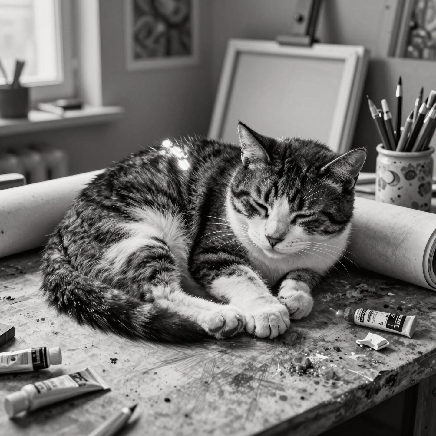 Detailed Graphite Drawing of a Sleeping Tuxedo Cat