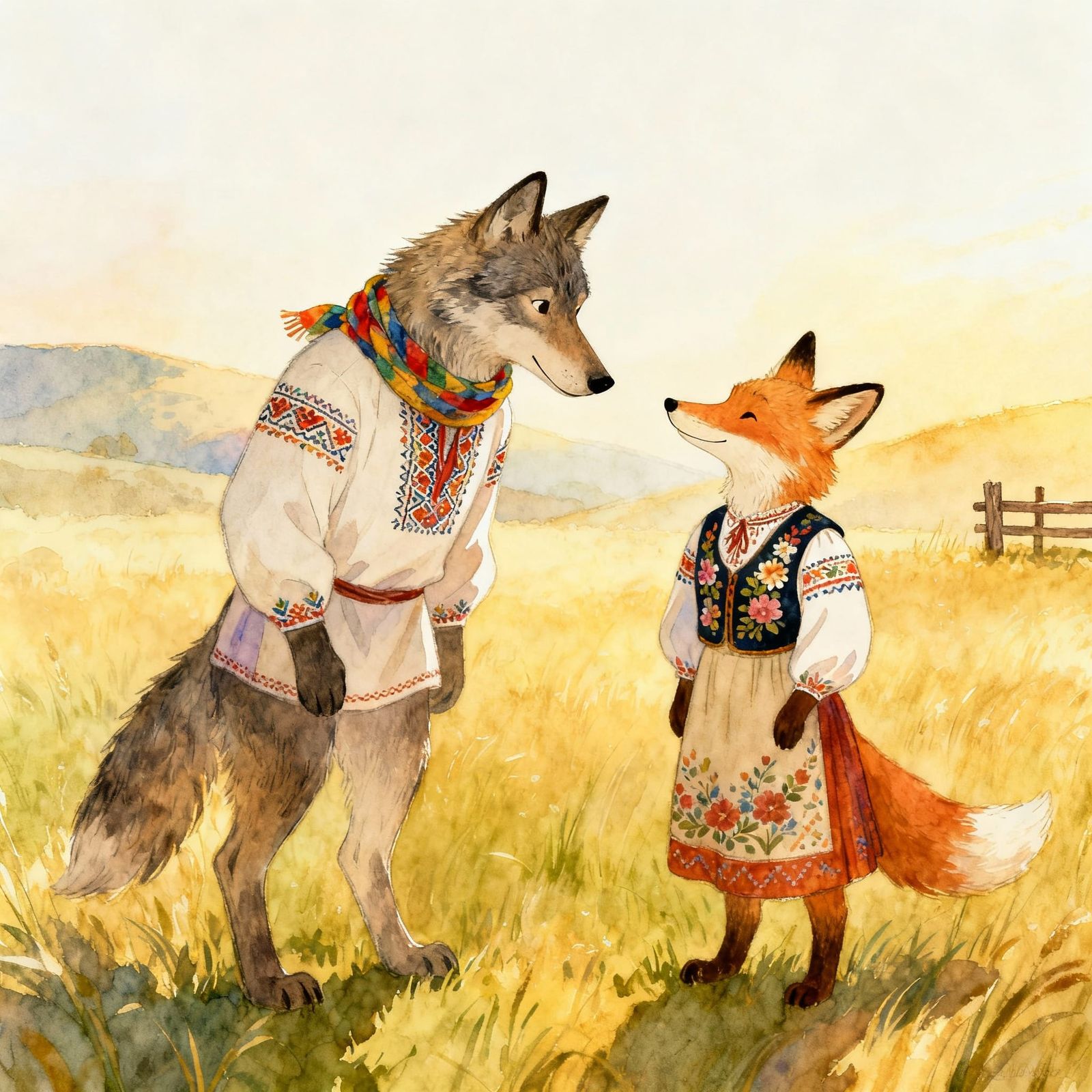 Wolf and Fox in Ukrainian Folk Attire, Storybook Style