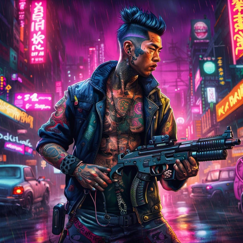 Cyberpunk Gangster in Rainy Neon District